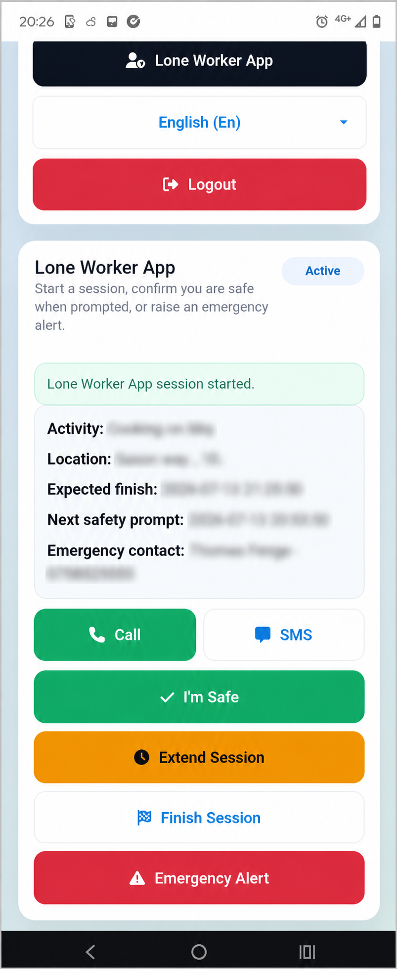 GGK Lone Worker screen with personal information blurred
